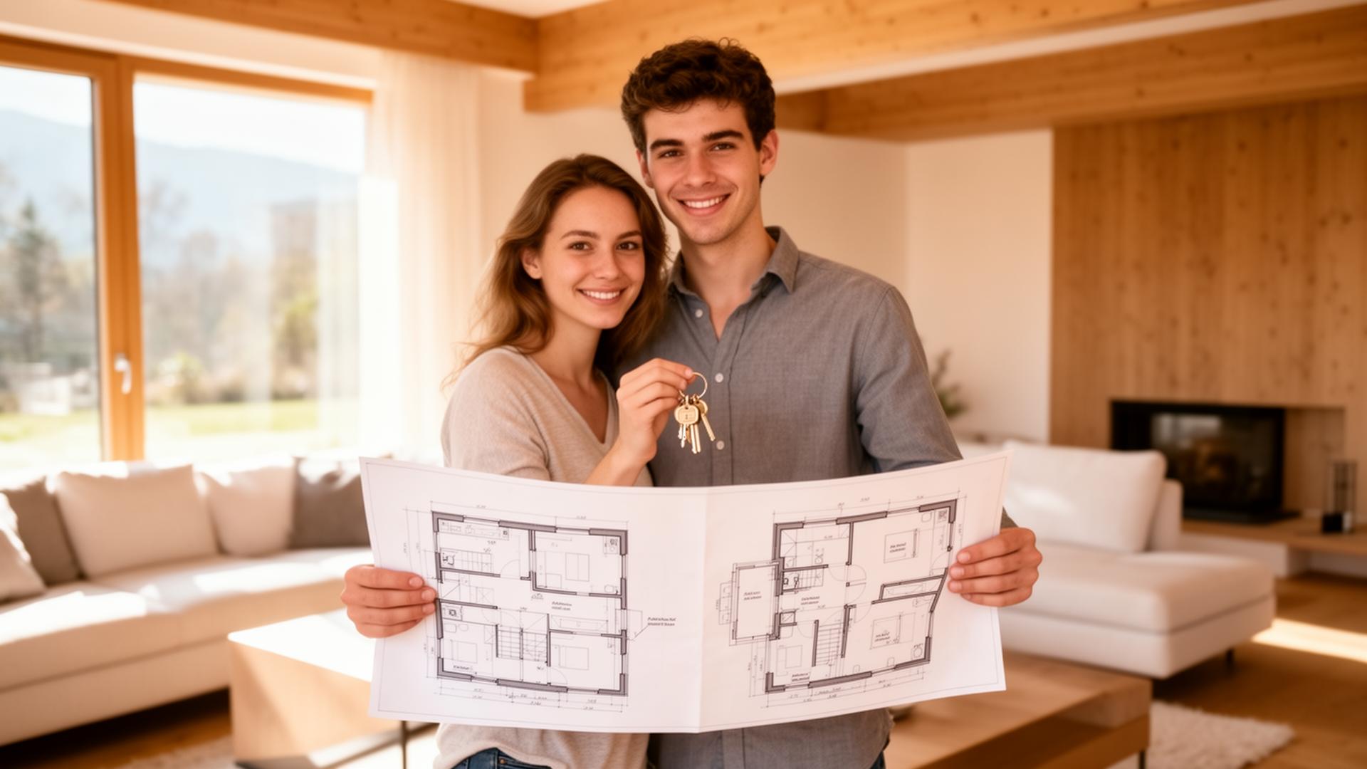 Junges Paar mit Bauplänen und Schlüsseln im neuen Zuhause